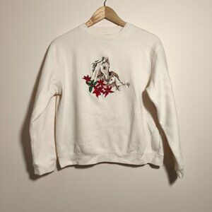 Vintage Bit and Bridle Embroidered Floral Horse Print Sweatshirt sz L Ivory Red